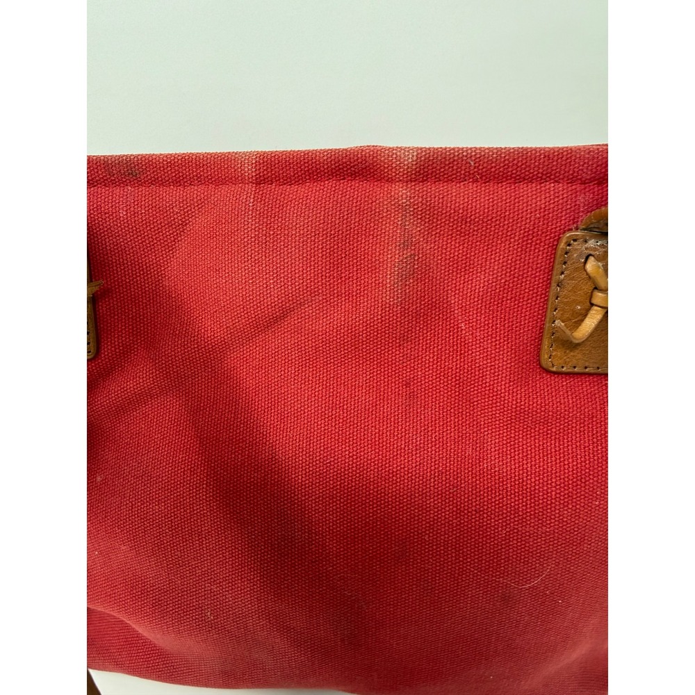 Fossil Red Canvas Brown Leather Trim Tote Shoulder Bag Whipstitch Key Charm - Picture 2 of 14